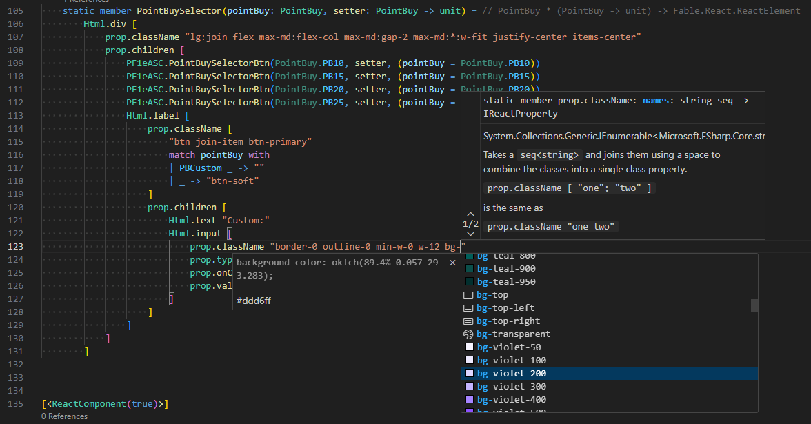 Image showing autocomplete and intellisense features of tailwindcss vs code plugin for F#